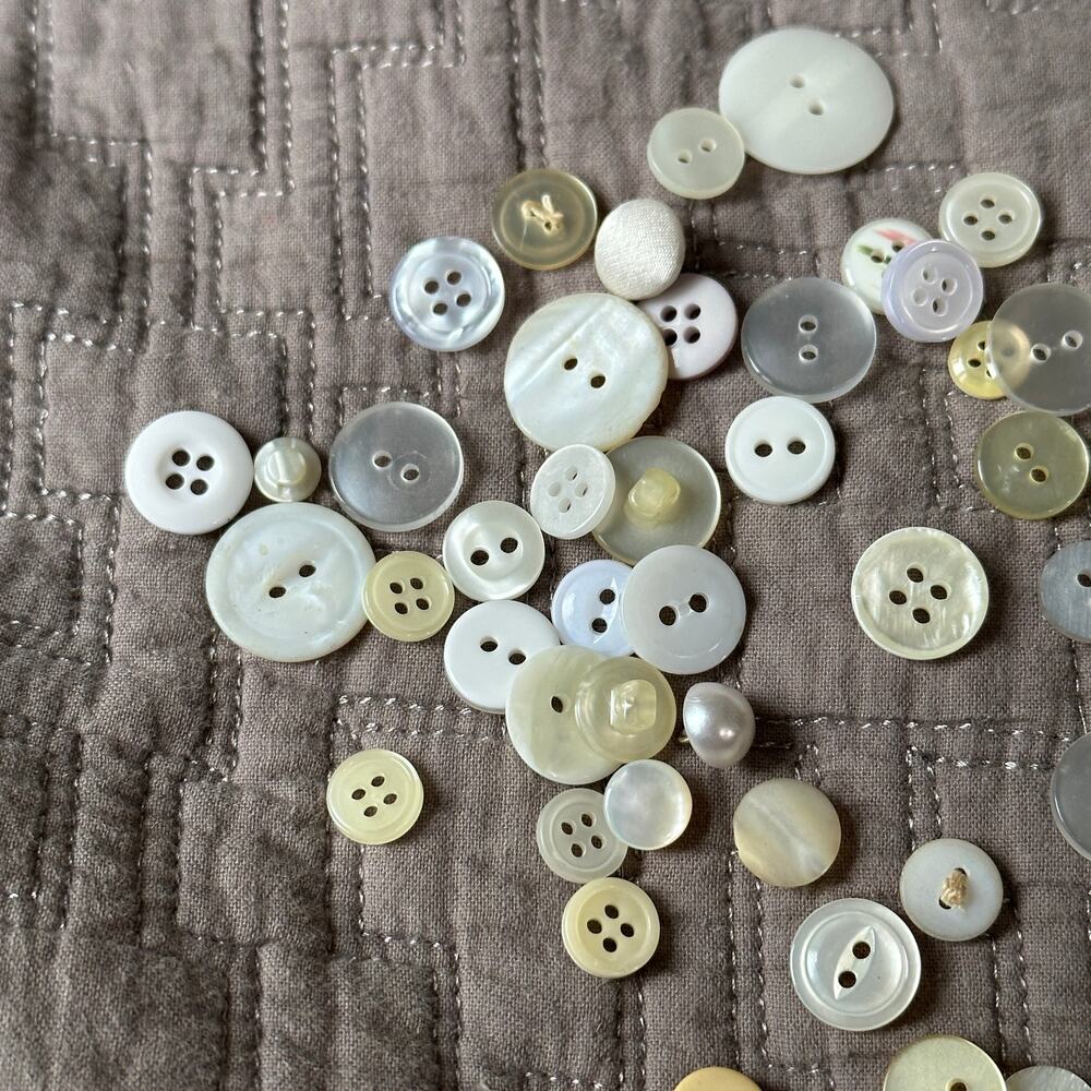 Lot of 50+ Vintage Buttons White Clear Ivory Yellow Ecru Off White Various Loose - Picture 3 of 4